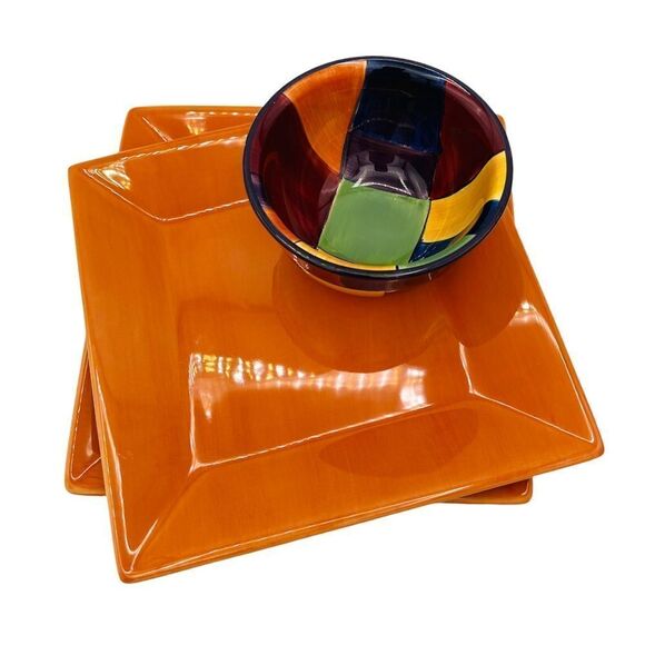 Tabletops Unlimited “Caracas” Bowl (2)Corsica “Clementine” Square Dinner Plates - Picture 2 of 16
